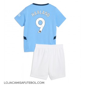Camisa de Futebol Manchester City Erling Haaland #9 Equipamento Principal Infantil 2024-25 Manga Curta (+ Calças curtas)